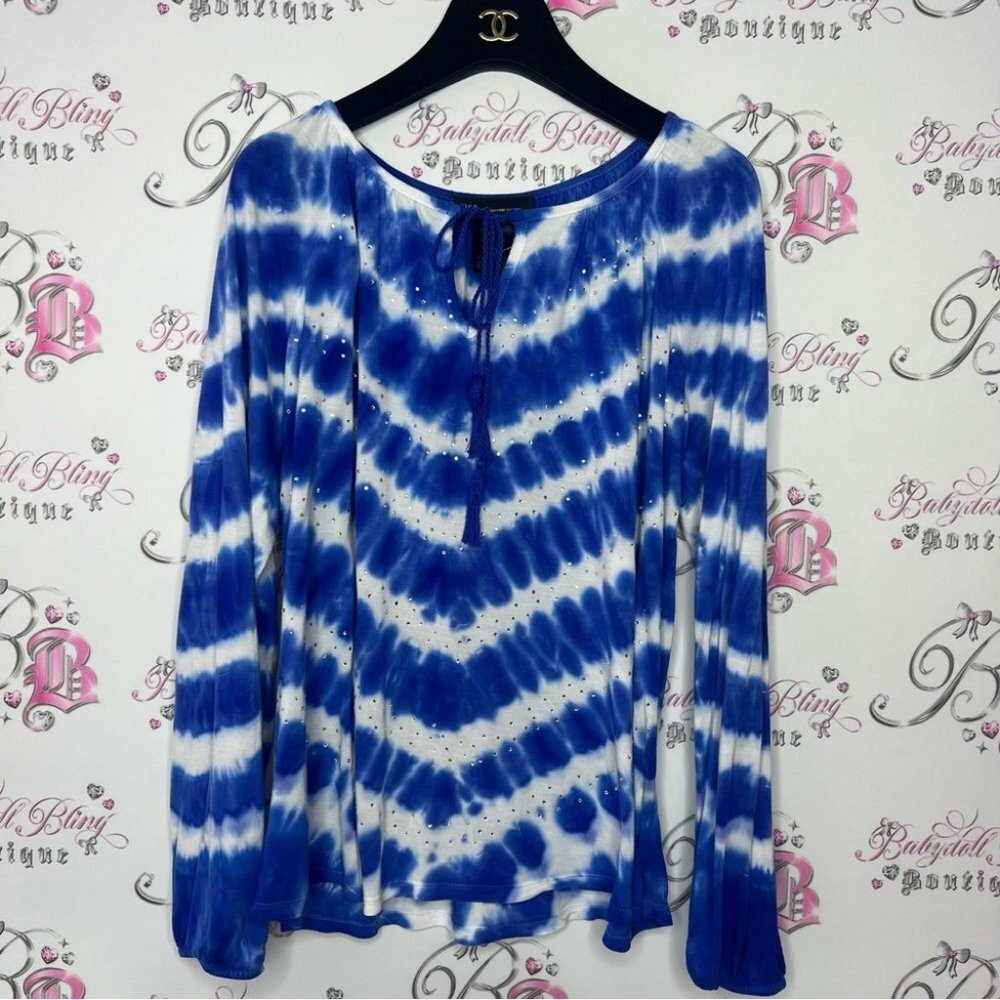 INC tie dye bling rhinestone top long sleeve blue white silver diamonds tie 🎀